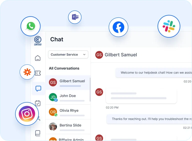 Help desk software for SaaS showing unified inbox with chat, email, and social media integrations for streamlined support