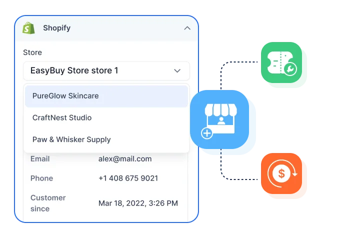 Shopify help desk dashboard showing store selection, customer details, and app integrations for streamlined support tools UI.