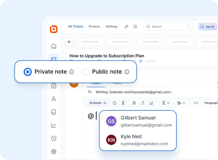 Clean email interface showing note type toggle between Private and Public, with contacts Gilbert Samuel and Kyle Ned listed.