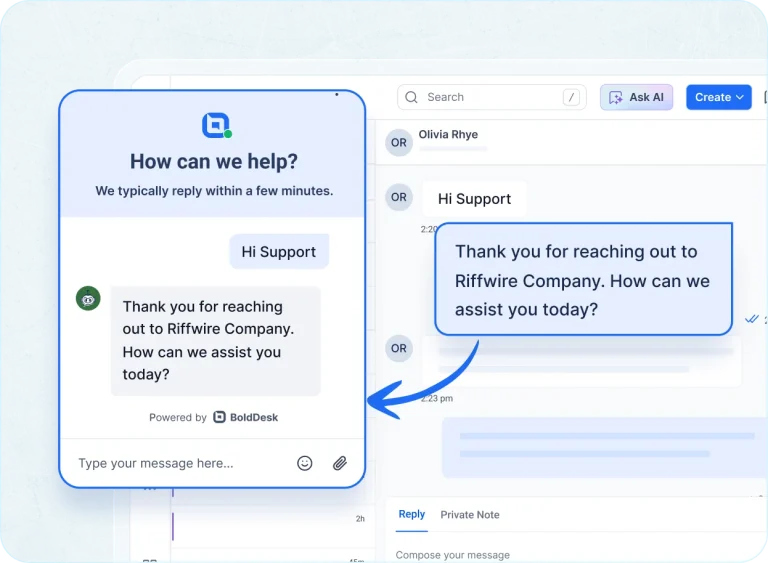 AI-powered live chat in a web-based help desk provides instant, intelligent customer support.