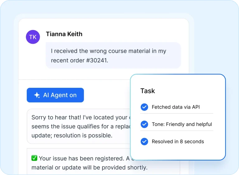 Help desk interface showing user query on wrong course material and AI agent providing quick solution