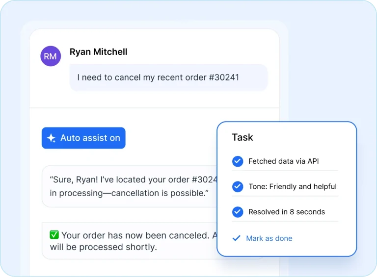 User cancels order; assistant confirms success. Sidebar lists API-fetched tasks. Friendly tone, resolved in 8 seconds.