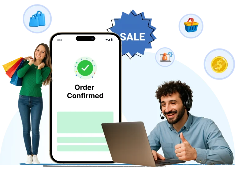 Smiling shoppers with bags and support agent giving thumbs-up beside phone showing order confirmed for helpdesk for ecommerce.
