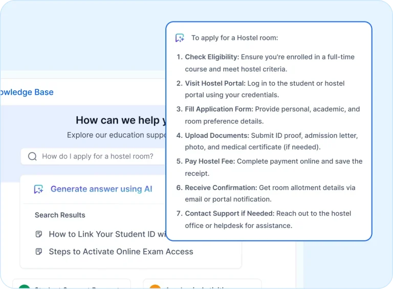 Digital interface showing hostel application steps: eligibility, login, form, upload, payment, receipt, and support.