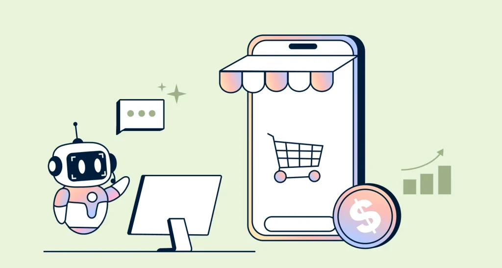 AI agents for ecommerce illustrated with chatbot, shopping app, and automated customer support system