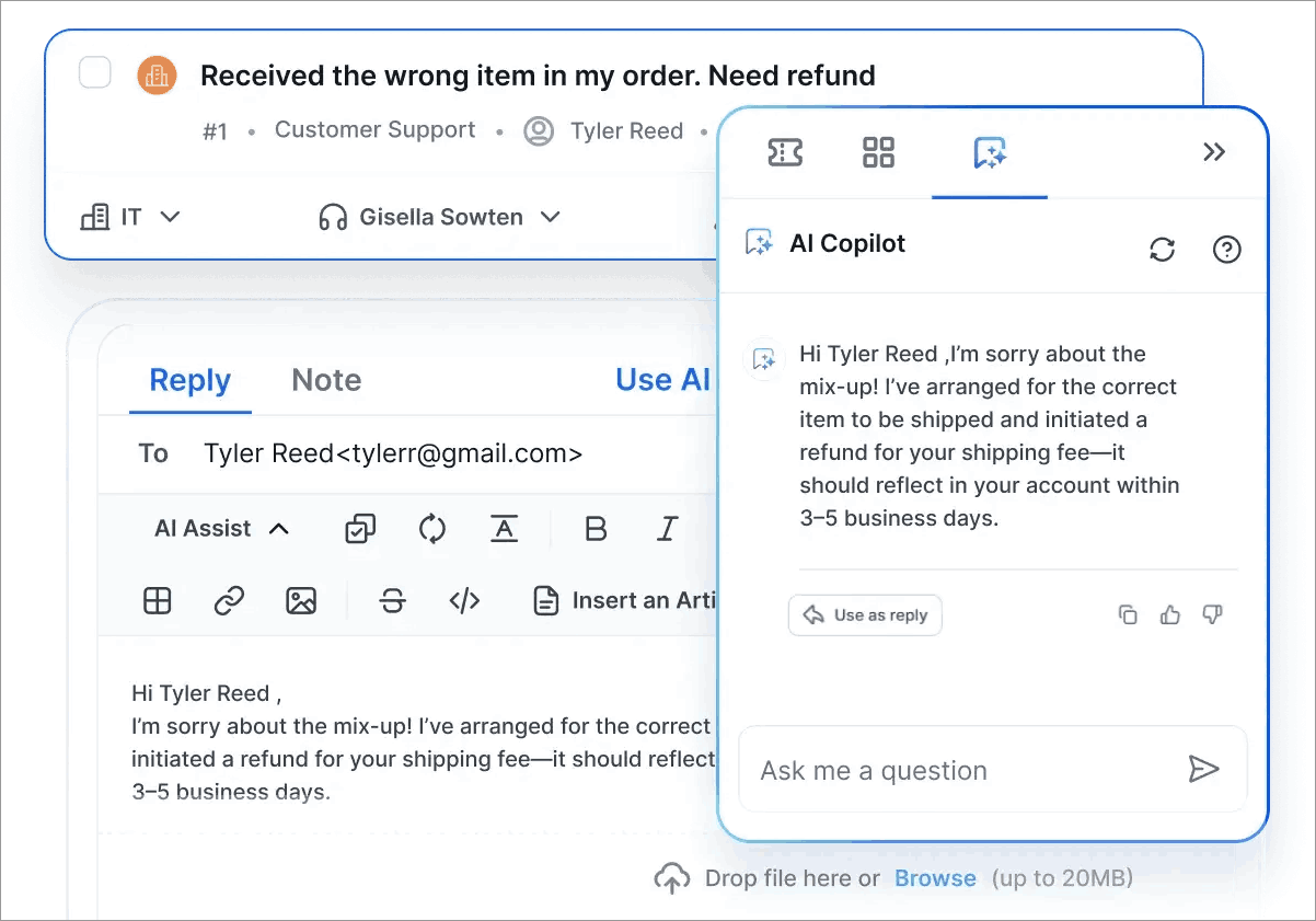AI Copilot helping agents improve productivity with AI-generated customer support replies