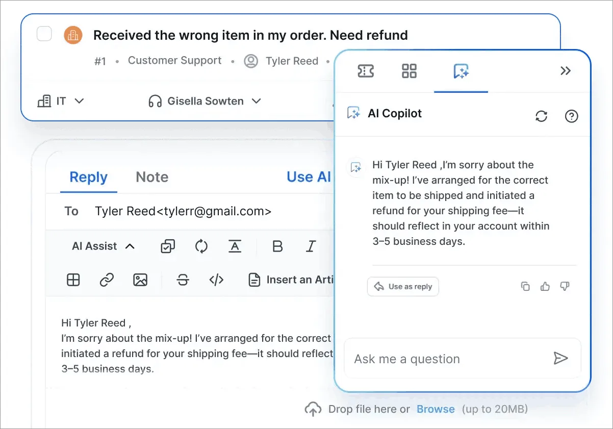 AI Copilot helping agents improve productivity with AI-generated customer support replies
