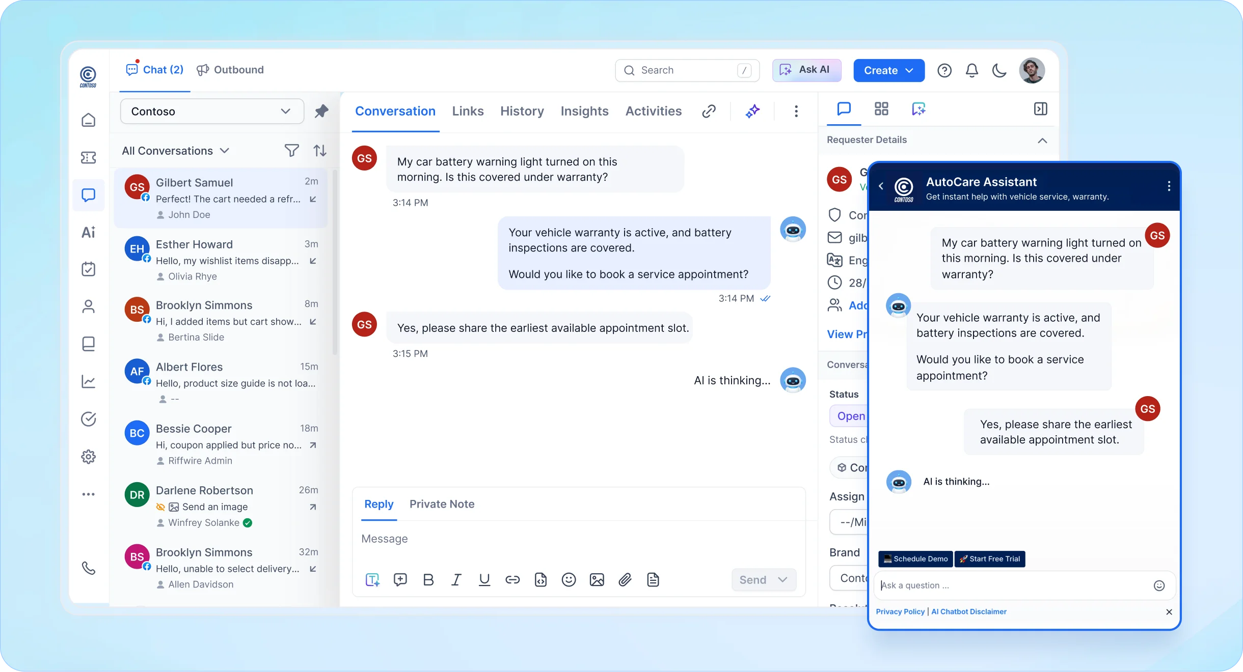 Dashboard showing customer chats and AI bot replies in live chat software for real time support, tickets, and insights