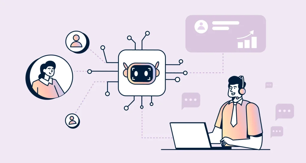 Illustration of an AI bot assisting a customer support agent in managing multiple user interactions for AI in customer success