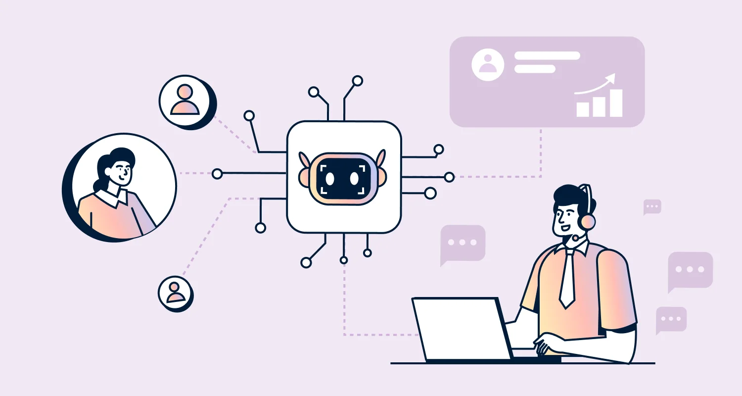 Illustration of an AI bot assisting a customer support agent in managing multiple user interactions for AI in customer success