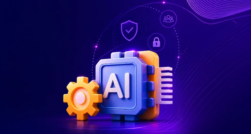3D illustration of AI chip with gear and security icons, representing AI governance, data protection, compliance, and ethical AI systems.