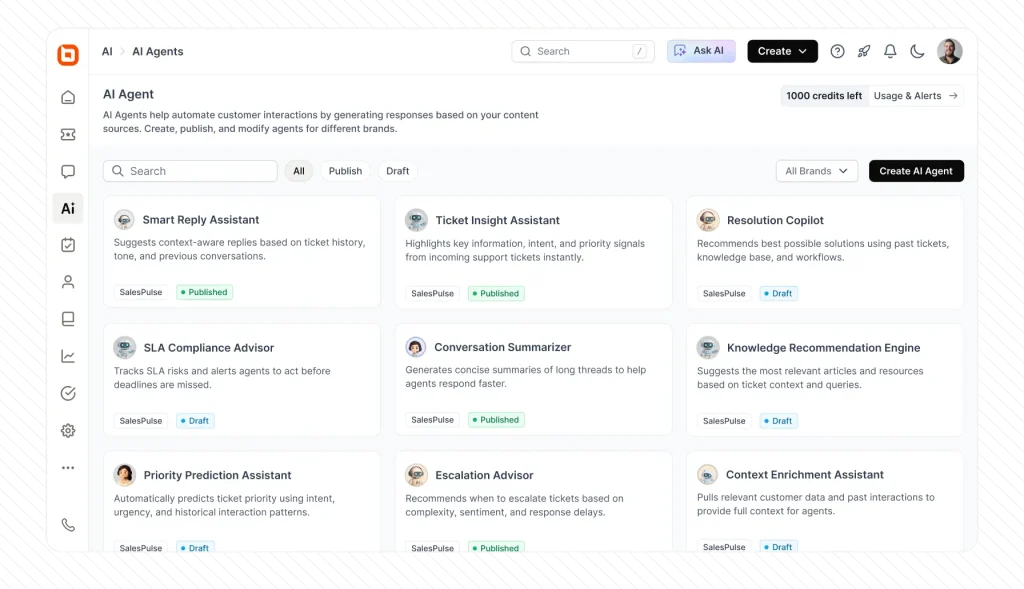 AI agents dashboard showing automation tools, ticket insights, smart replies and workflow features for support operations