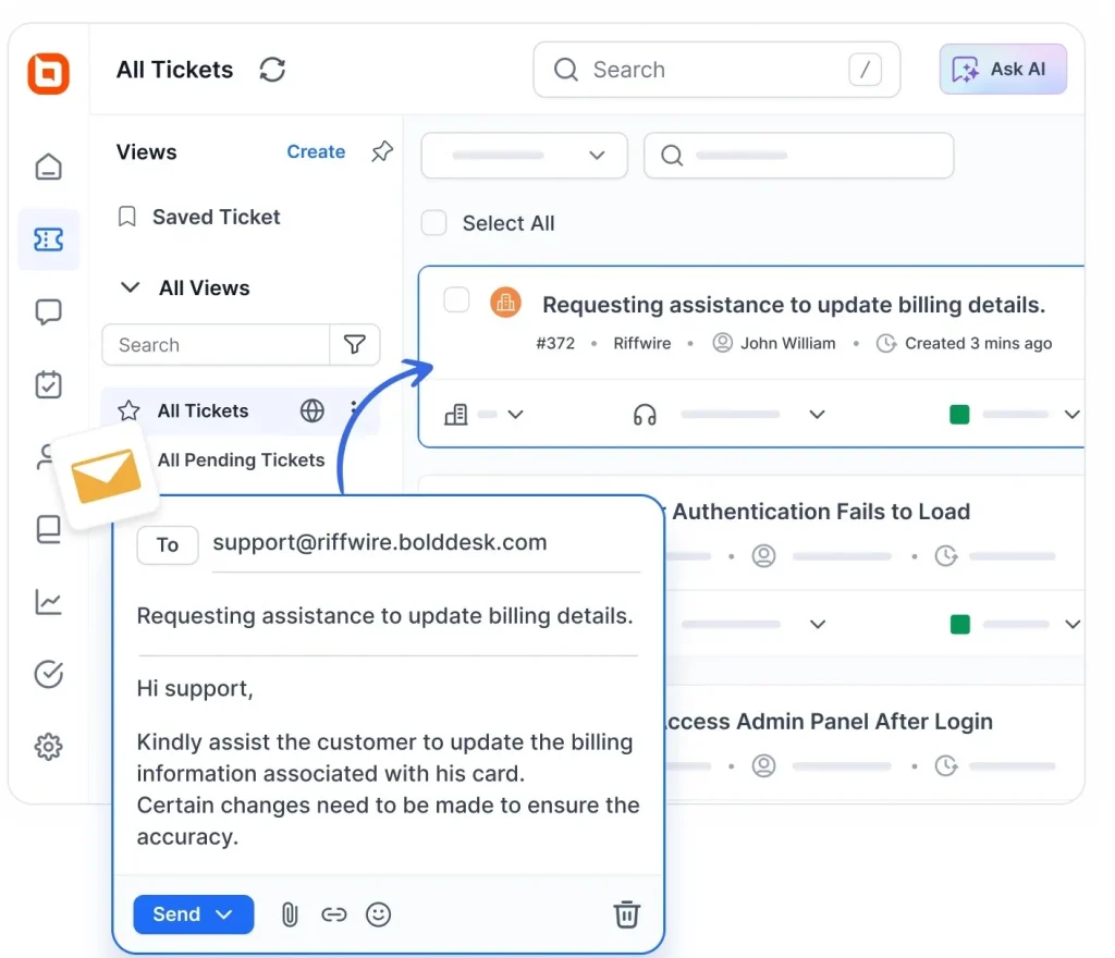 Support dashboard showing incoming email automatically routed into a ticket queue with billing update request details