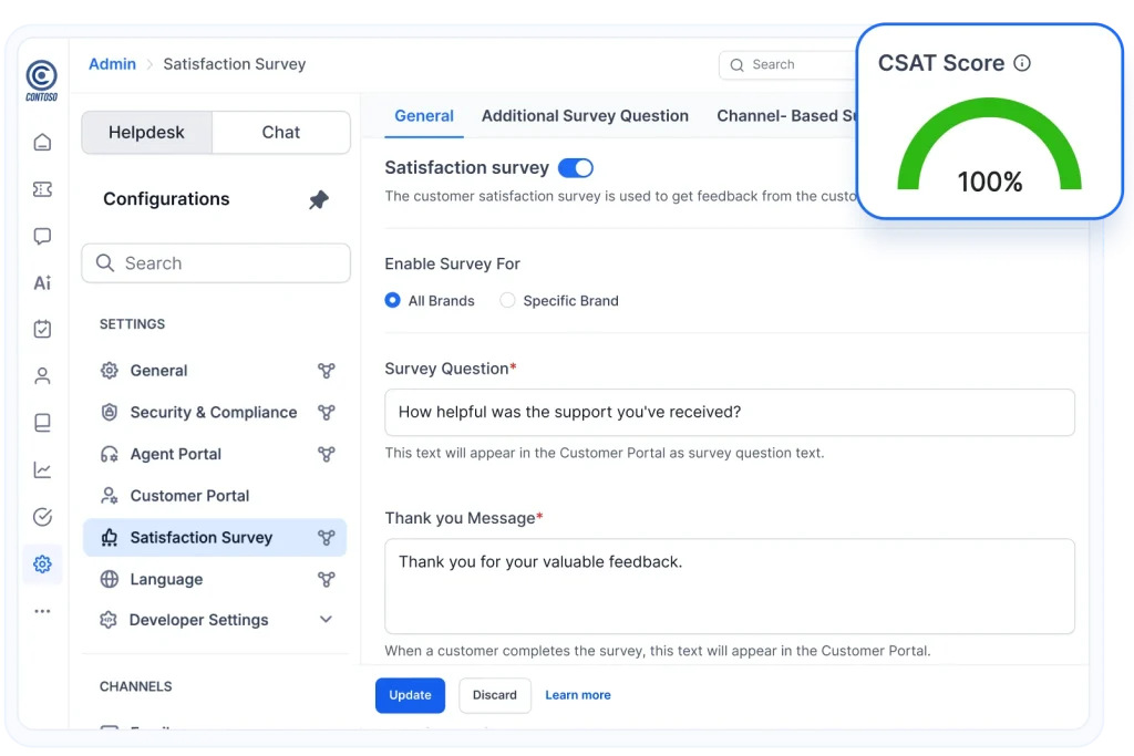 CSAT survey setup shows question options, brand selection, and a 100% score in a zendesk alternative.