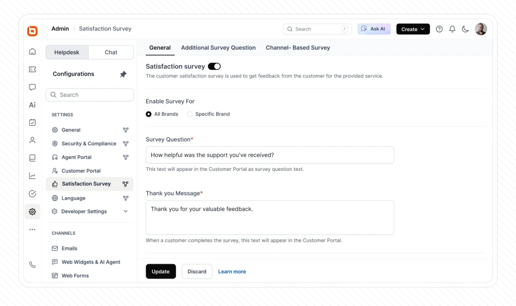 CSAT & Feedback dashboard showing survey settings customer responses and satisfaction tracking in support system