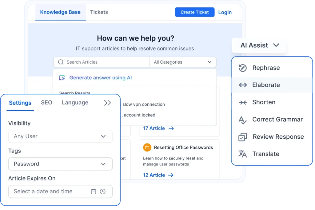 IT support knowledge base uses AI Assist, article search, visibility, and tags in a zendesk alternative.
