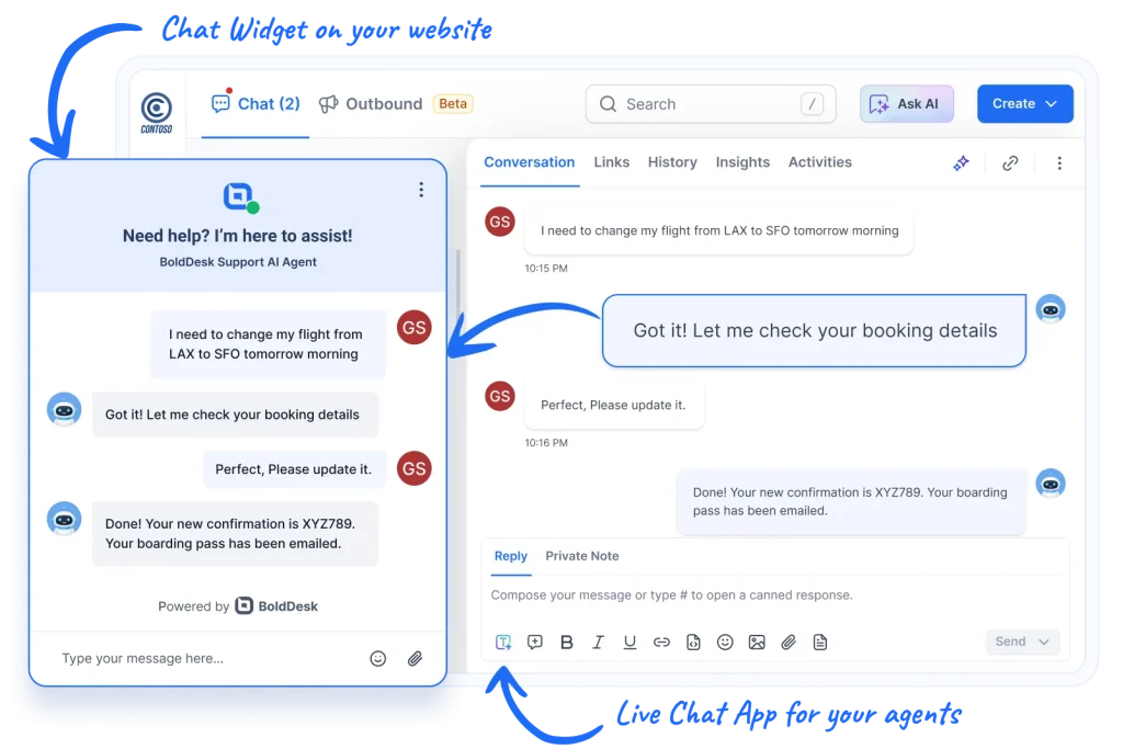 BoldDesk Support AI chat confirms a flight change in an AI-powered zendesk alternative help desk.