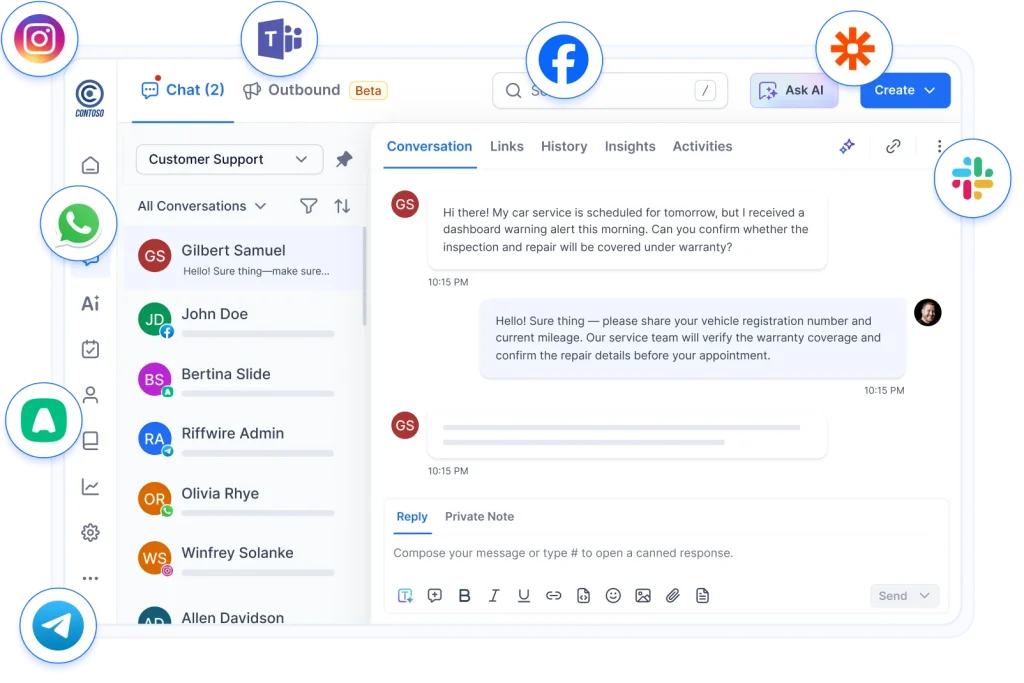 Customer support dashboard integrates Instagram, Slack, and Facebook chats in a zendesk alternative.
