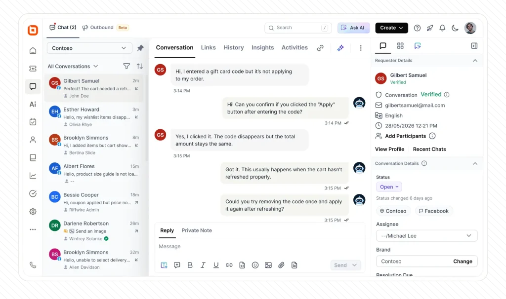 Customer support dashboard showing conversation chat, ticket updates, agent replies and customer interaction history view