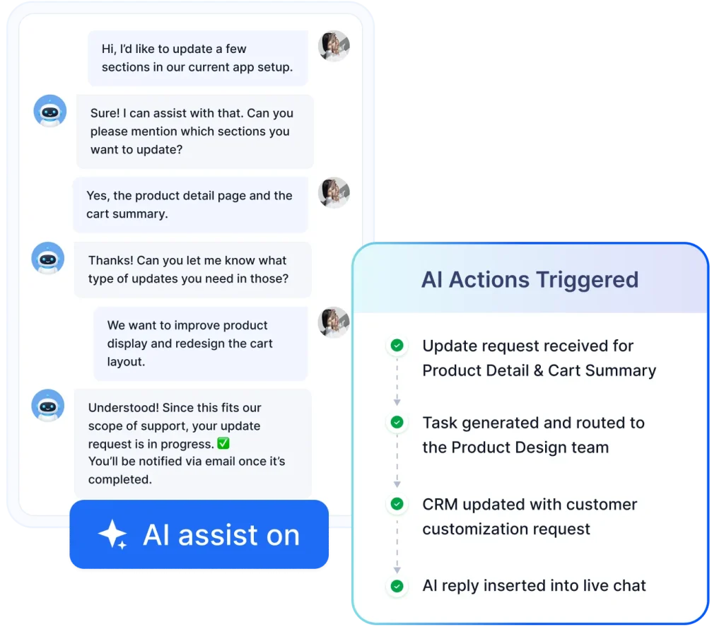 AI support assistant processing product customization requests with automated task assignment workflows