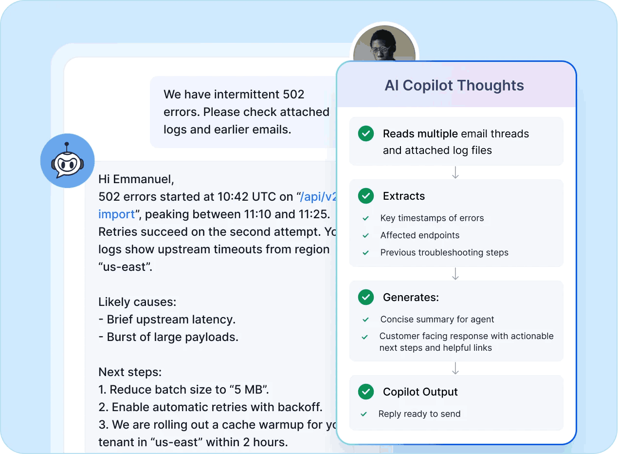 AI hand-off summary extracts ticket context, key errors, next steps, and ready replies to improve agent productivity with AI