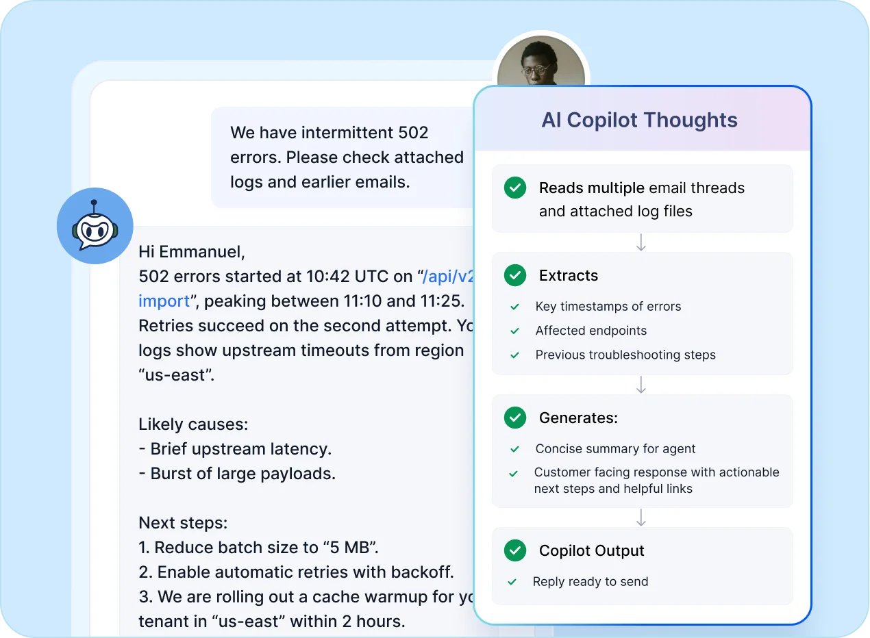 AI hand-off summary extracts ticket context, key errors, next steps, and ready replies to improve agent productivity with AI