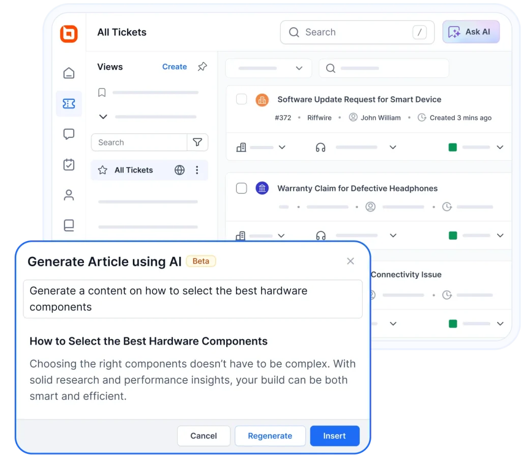 Help desk software using AI to create support articles from customer tickets and service requests