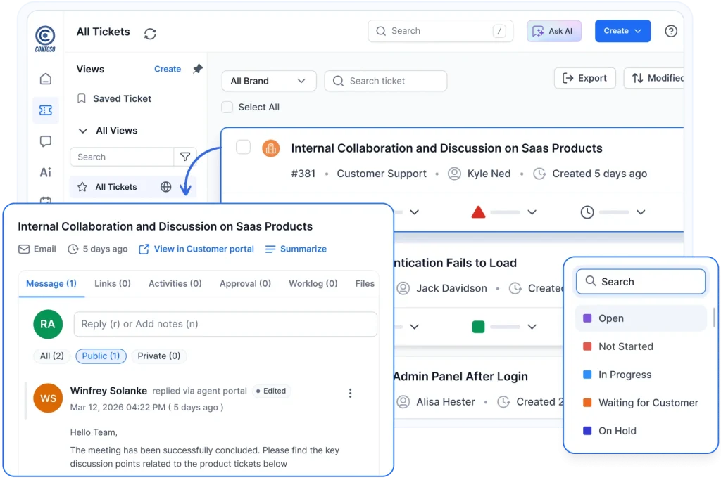 Support ticket dashboard shows open and in-progress requests in a collaborative zendesk alternative