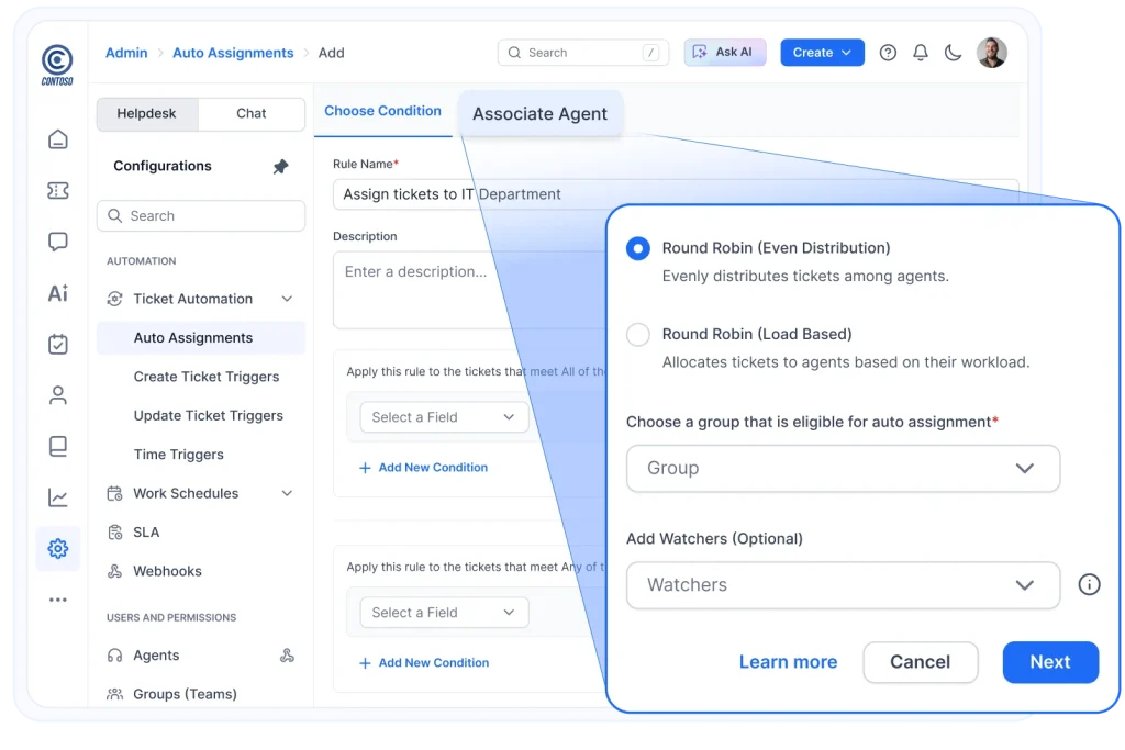 Auto assignment settings show round-robin ticket routing in an efficient zendesk alternative interface