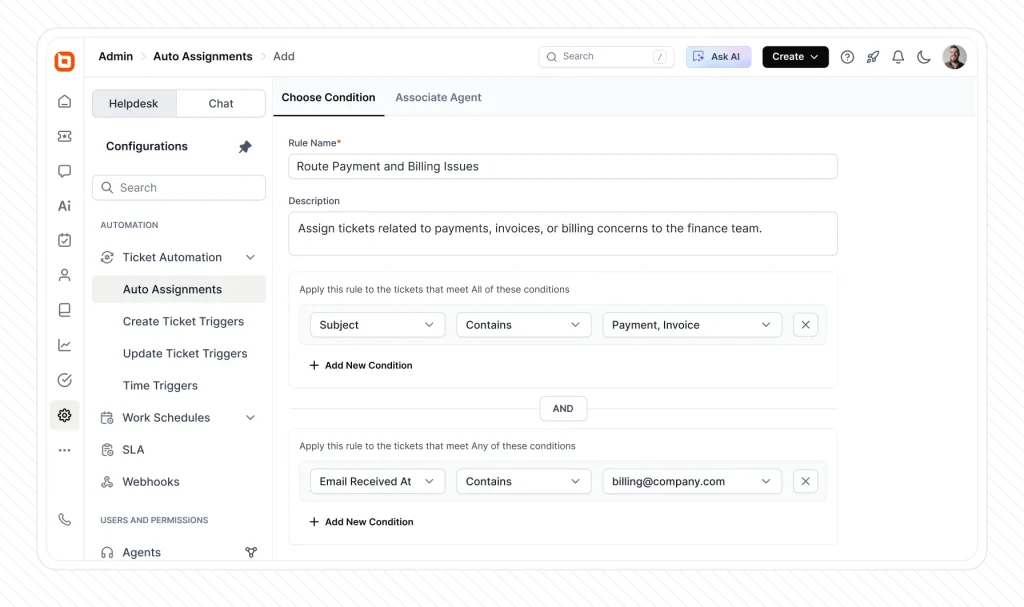 Workflow automation dashboard showing auto assignment rules conditions and routing for efficient support operations