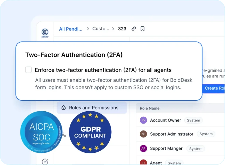 Interface screen displaying 2FA enable pop-up for agents, with AICPA SOC2 and GDPR Compliant badges stressing security.