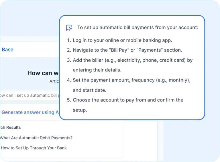 Help desk software for SaaS showing AI-generated step-by-step guide for setting up automatic bill payments