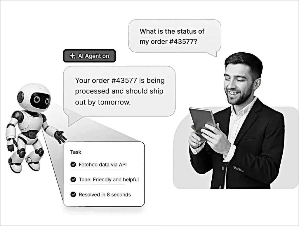 Image showing an AI Agent resolving a customer's order status query on a tablet in seconds with friendly, data-driven support