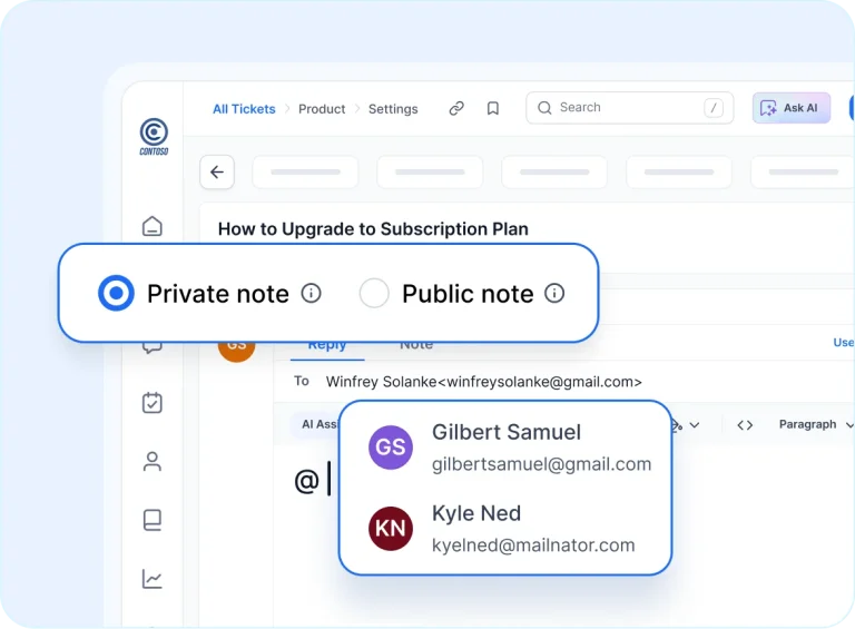 Help desk software for SaaS showing private and public note options for internal and external ticket communication.