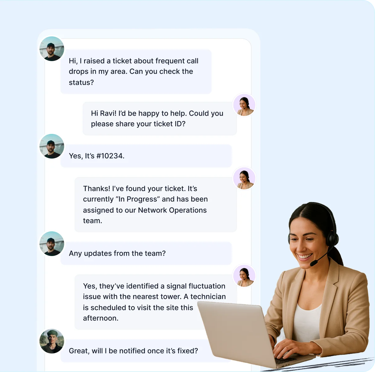 Customer chats about frequent call drops; support agent replies politely. Smiling female rep with headset types on laptop.