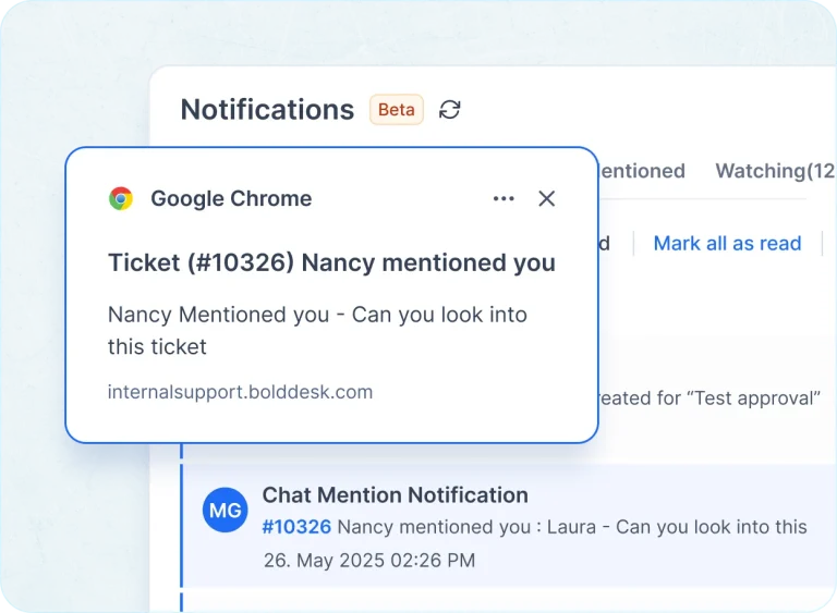 Web-based help desk with real-time browser alerts for tickets, updates, and SLAs.