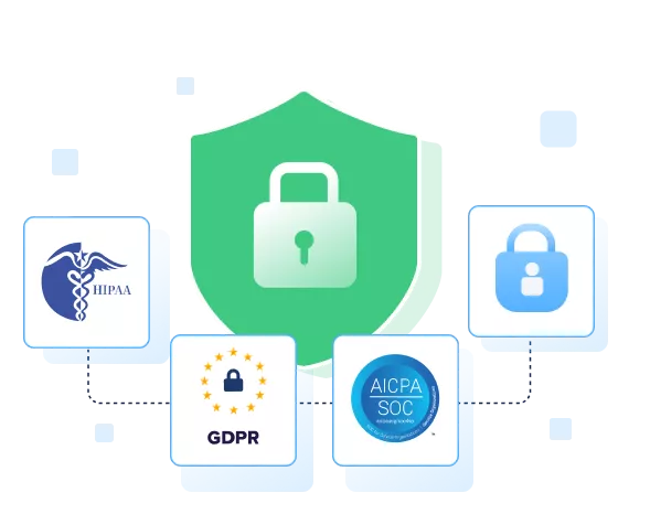Security shield with HIPAA, GDPR, and SOC icons highlights compliance in a secure zendesk alternative.
