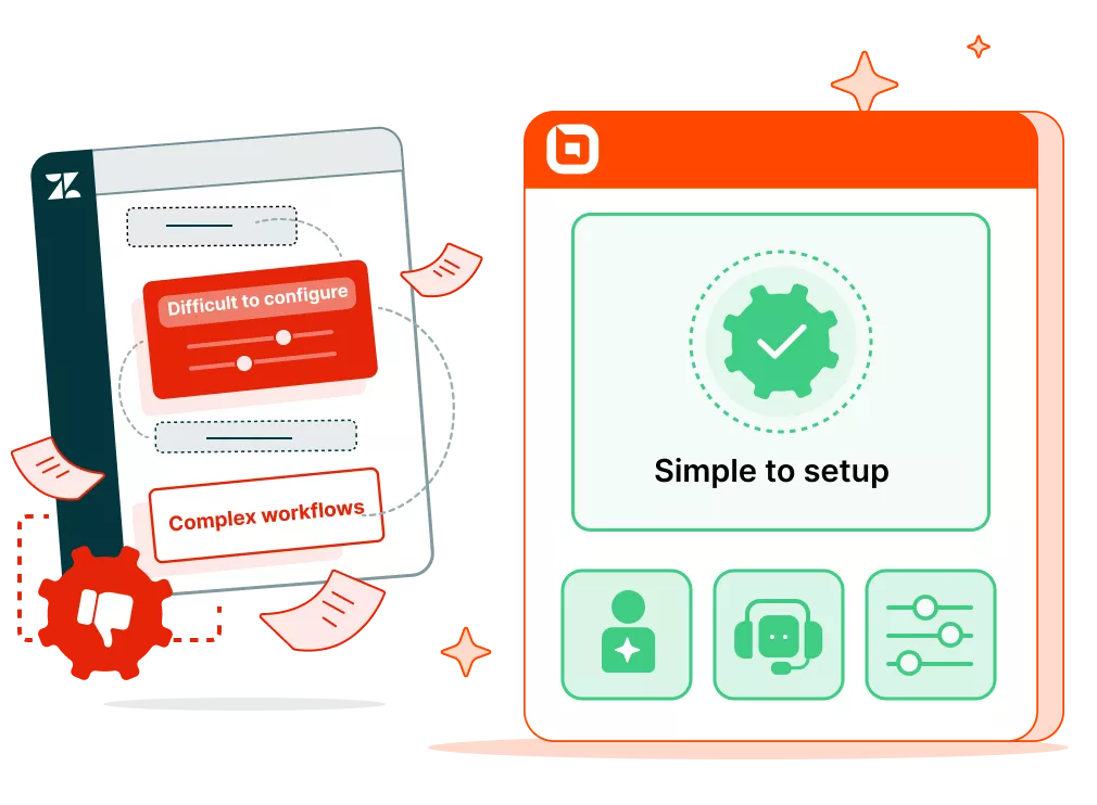 Complex setup contrasts with simple configuration in a user-friendly zendesk alternative for support teams.