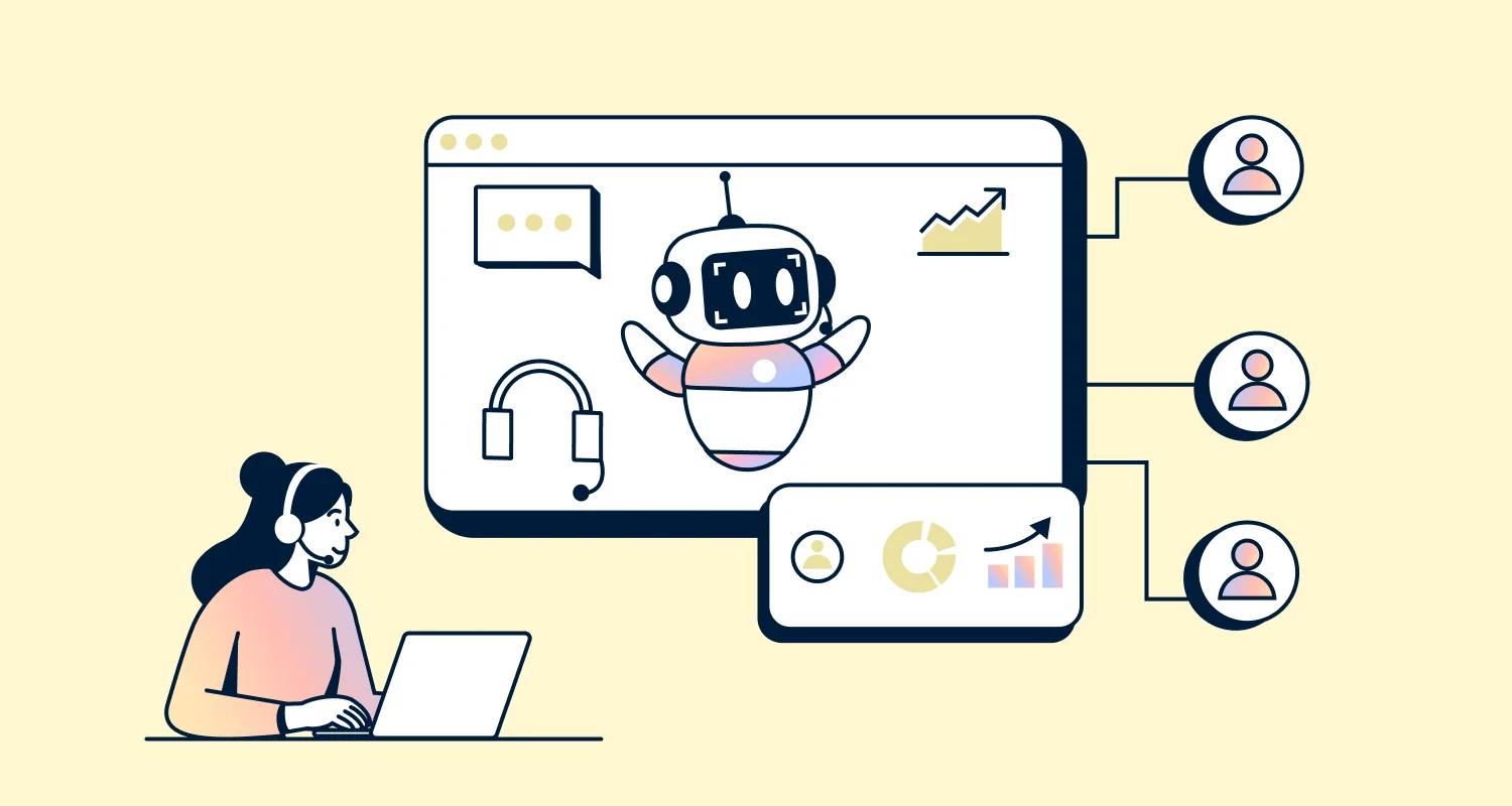 Microsoft Build 2026 AI customer support graphic showing chatbot interface, connected users, and business analytics