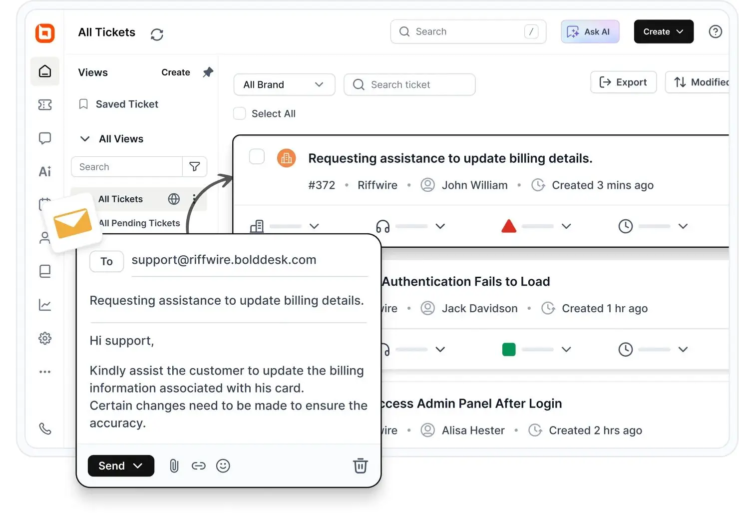 BoldDesk customer support platform featured in the G2 Summer 2026 Report, showing AI-powered ticket and email management.