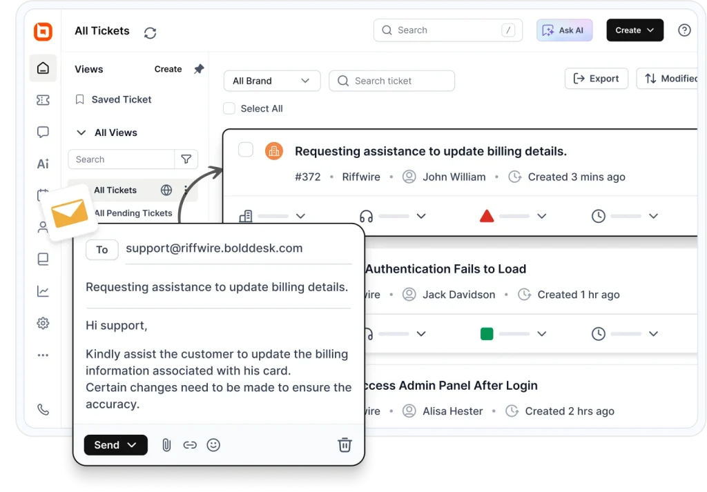Support ticket requesting assistance to update customer billing details