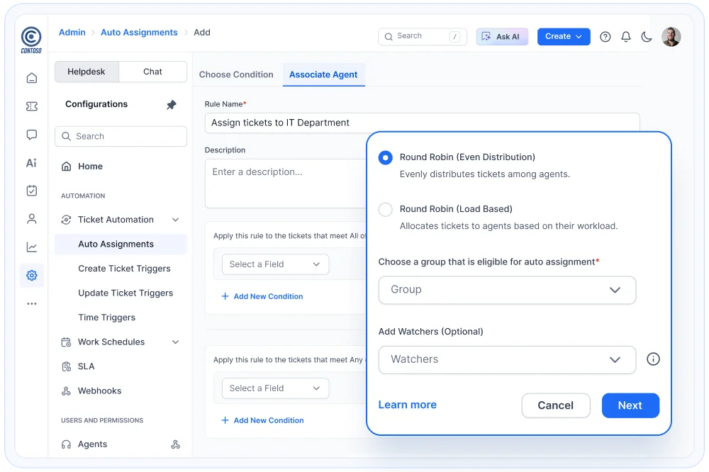 Help desk software auto assignment settings with round robin ticket routing, agent groups and workflow automation panel