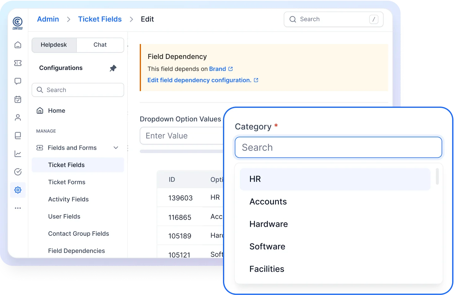 Help desk ticketing system with ticket field configuration, category dropdown, HR accounts hardware software options