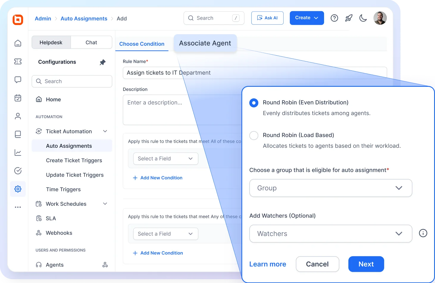 IT help desk ticketing system with auto assignment rules, round robin routing, agent groups and workflow settings