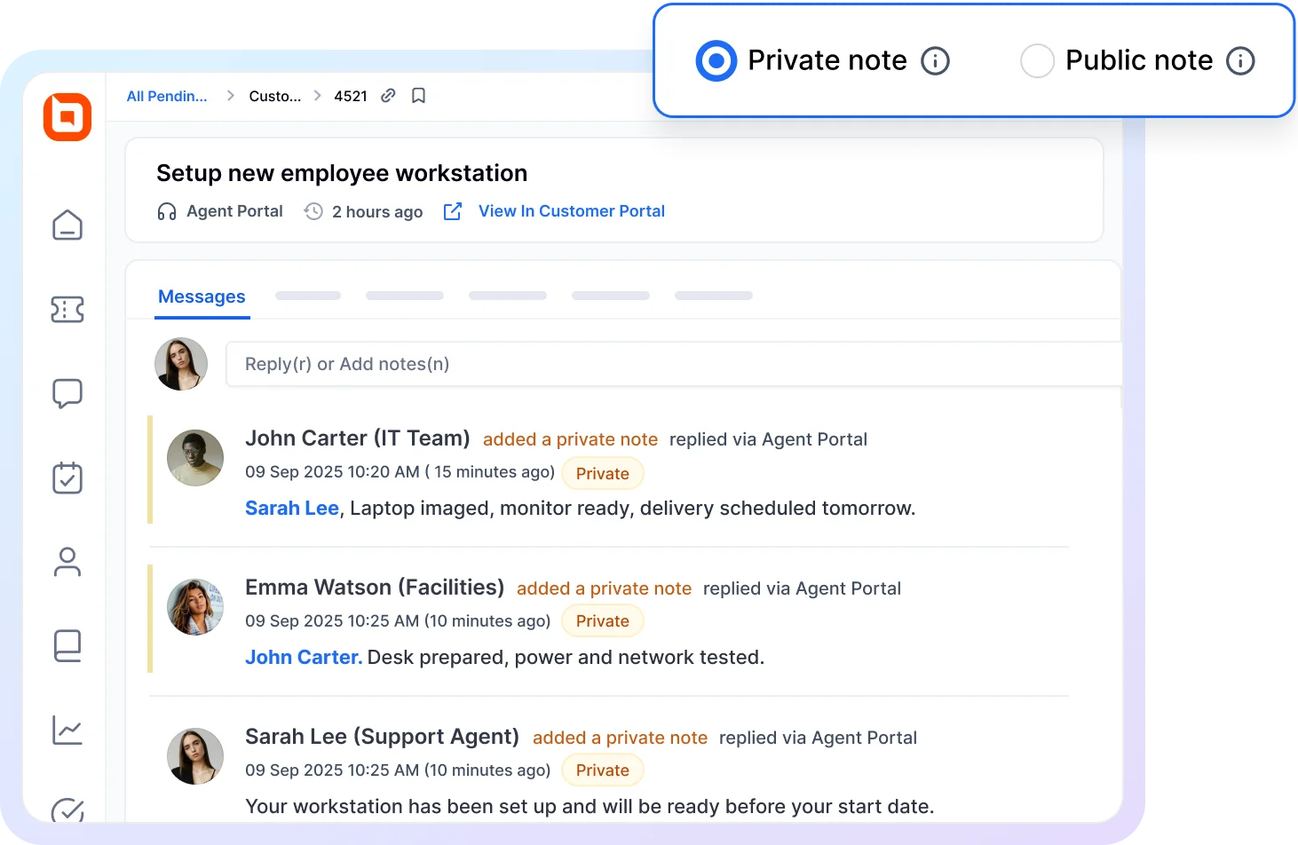 IT help desk ticketing system with private notes, ticket conversation thread and employee workstation setup updates