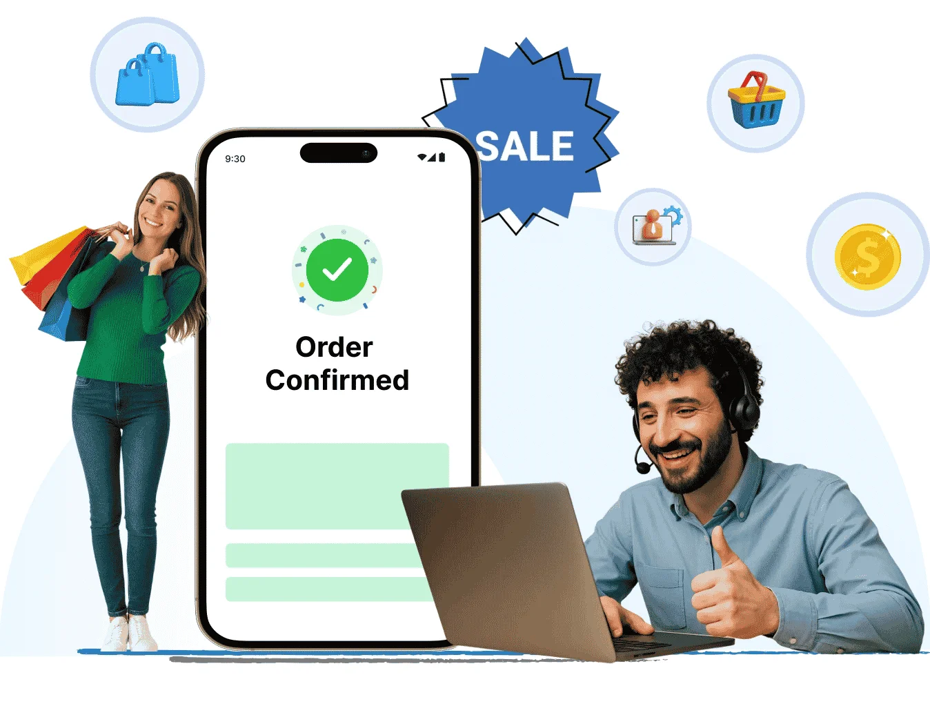 Order confirmed display with shopping icons, happy shopper and support agent celebrating successful purchase