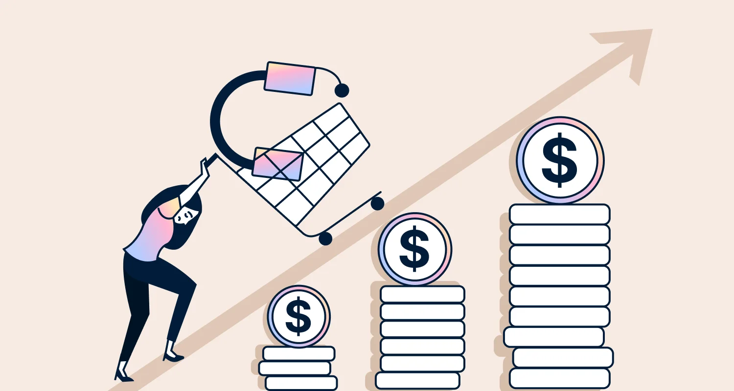 Illustration showing a person pushing a cart uphill toward increasing stacks of coins, representing growing effort and costs.