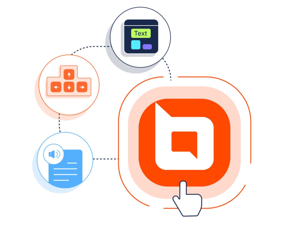 BoldDesk accessibility features icon with keyboard, text, and audio controls linked to a central app