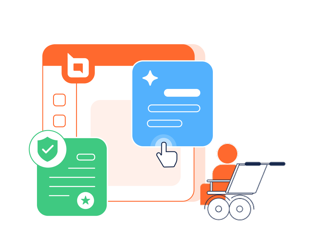 Accessibility features illustration with UI cards and a wheelchair user interacting with a support interface.