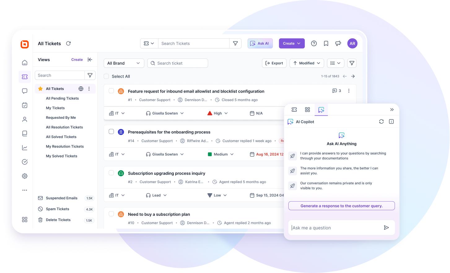 AI Copilot integrated with help desk software to assist agents with ticket responses and knowledge discovery